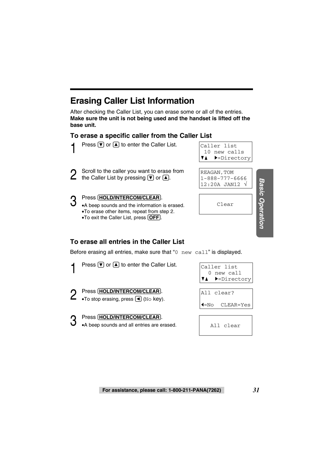 Panasonic KX-TG2352PW, KX-TG2352W Erasing Caller List Information, To erase a speciﬁc caller from the Caller List, Clear 