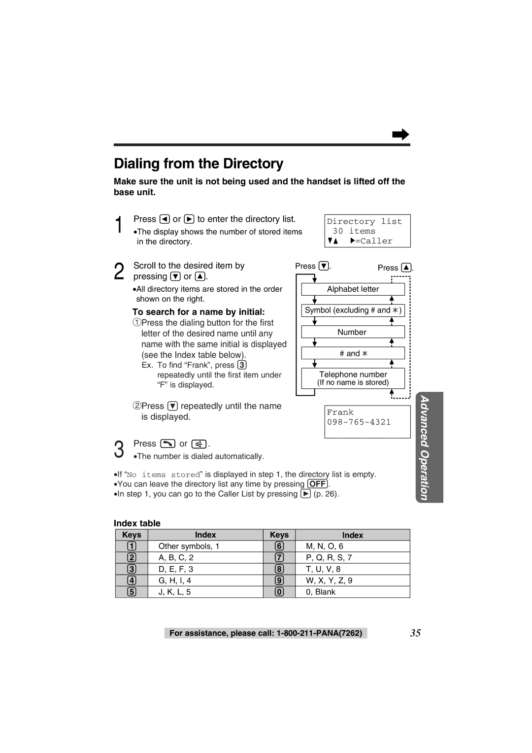 Panasonic KX-TG2352PW, KX-TG2352W Dialing from the Directory, Press Ü or á to enter the directory list, Index table 