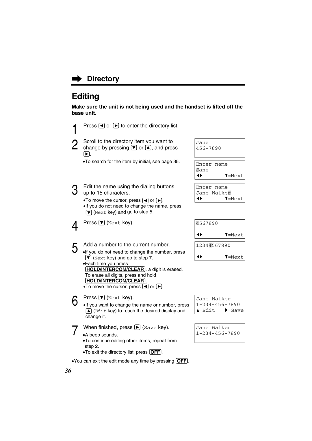 Panasonic KX-TG2352W Editing, Press Ö Next key Add a number to the current number, When ﬁnished, press á Save key 