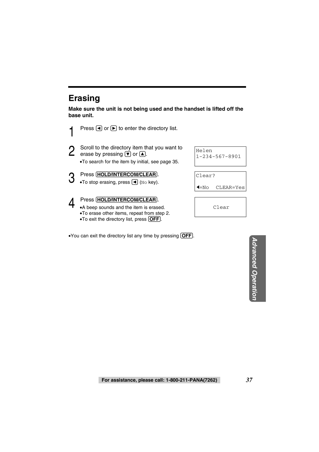 Panasonic KX-TG2352PW, KX-TG2352W operating instructions Erasing, Helen Clear? =No CLEAR=Yes 