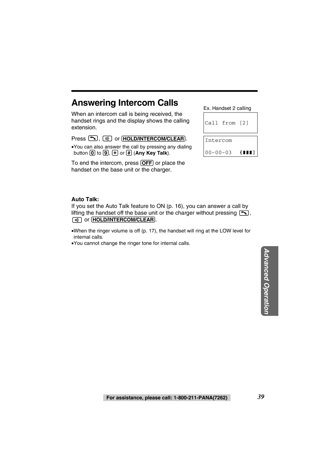 Panasonic KX-TG2352PW, KX-TG2352W operating instructions Answering Intercom Calls, Call from Intercom 00-00-03, Auto Talk 