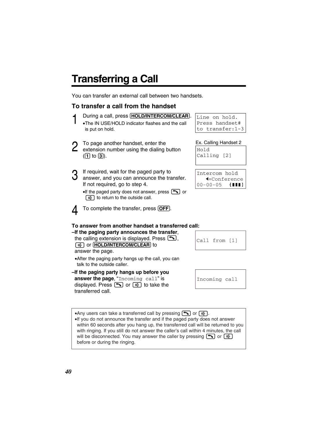 Panasonic KX-TG2352W, KX-TG2352PW operating instructions Transferring a Call, To transfer a call from the handset 