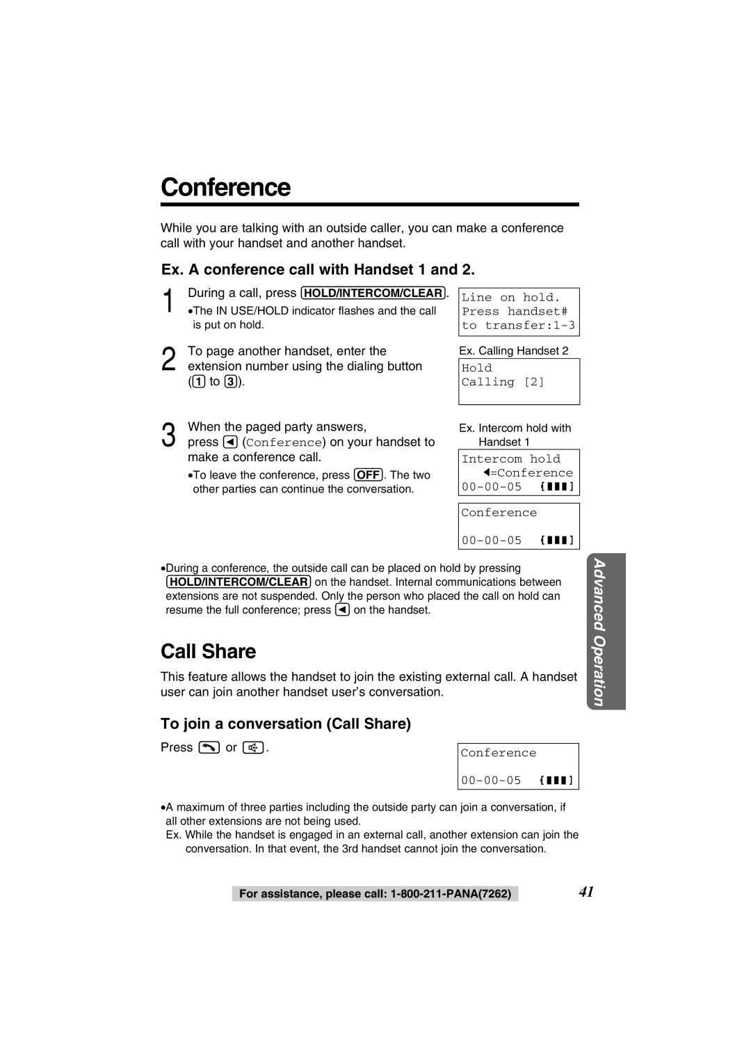 Panasonic KX-TG2352PW, KX-TG2352W Conference, Ex. a conference call with Handset 1, To join a conversation Call Share 