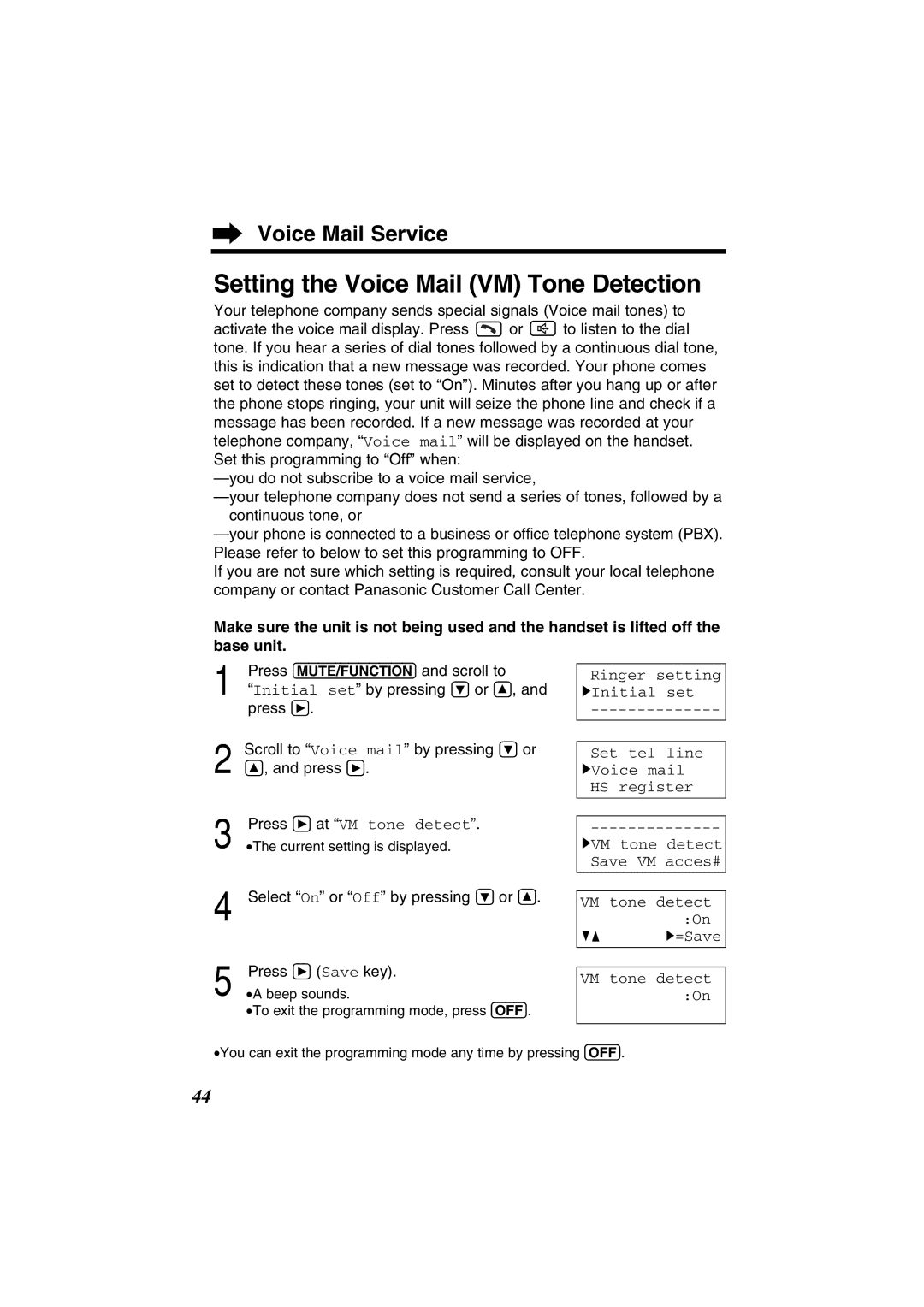 Panasonic KX-TG2352W, KX-TG2352PW operating instructions Setting the Voice Mail VM Tone Detection, Press á at VM tone detect 