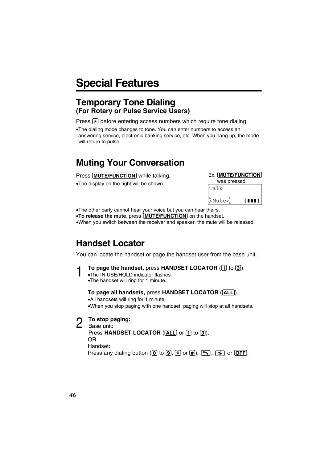 Panasonic KX-TG2352W, KX-TG2352PW Special Features, Temporary Tone Dialing, Muting Your Conversation, Handset Locator 