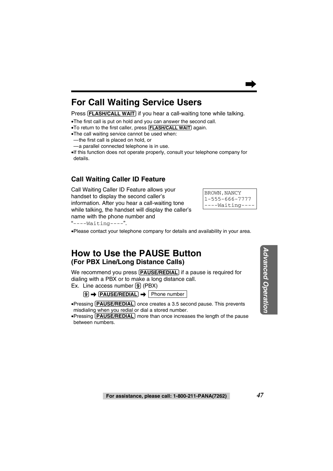 Panasonic KX-TG2352PW For Call Waiting Service Users, How to Use the Pause Button, Call Waiting Caller ID Feature 