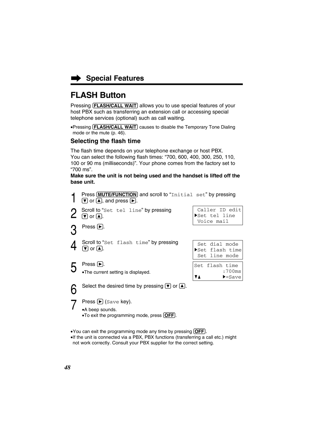 Panasonic KX-TG2352W Flash Button, Selecting the flash time, Or Ñ, Press á Scroll to Set flash time by pressing 