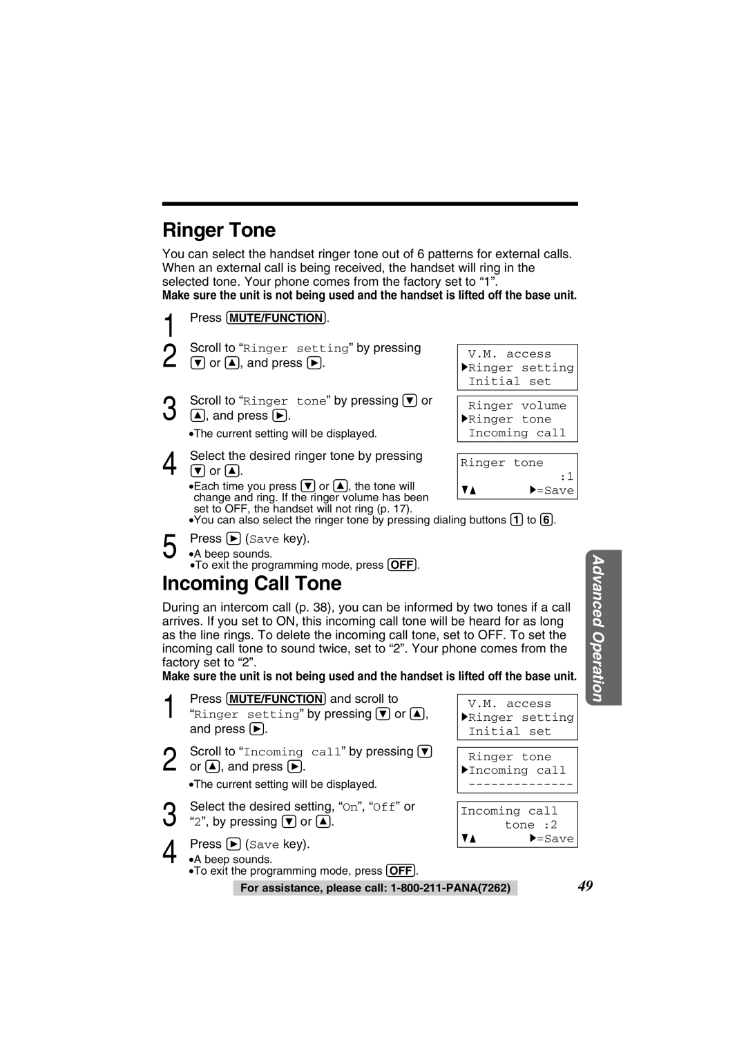 Panasonic KX-TG2352PW, KX-TG2352W operating instructions Ringer Tone, Incoming Call Tone 