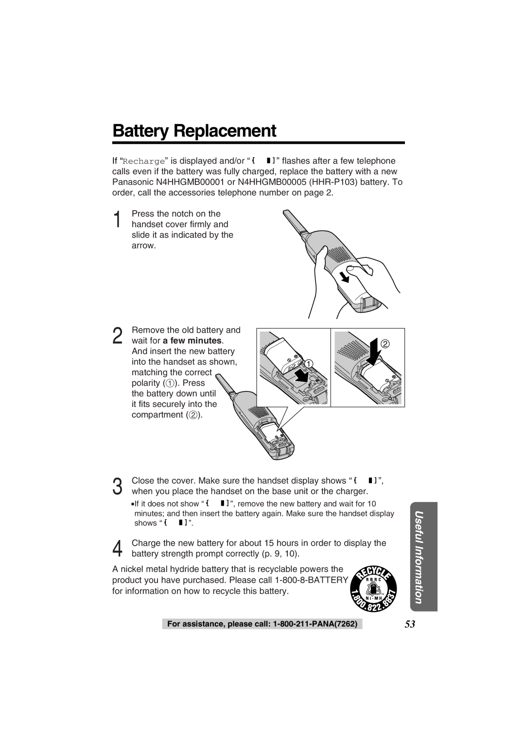 Panasonic KX-TG2352PW, KX-TG2352W operating instructions Battery Replacement 