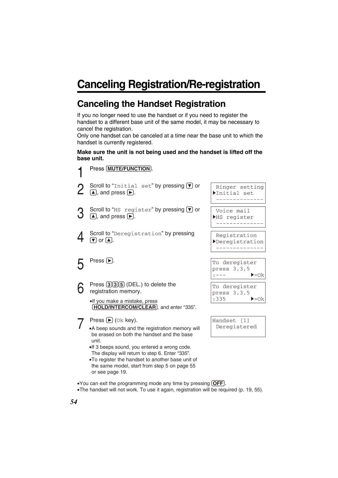 Panasonic KX-TG2352W, KX-TG2352PW Canceling Registration/Re-registration, Canceling the Handset Registration 