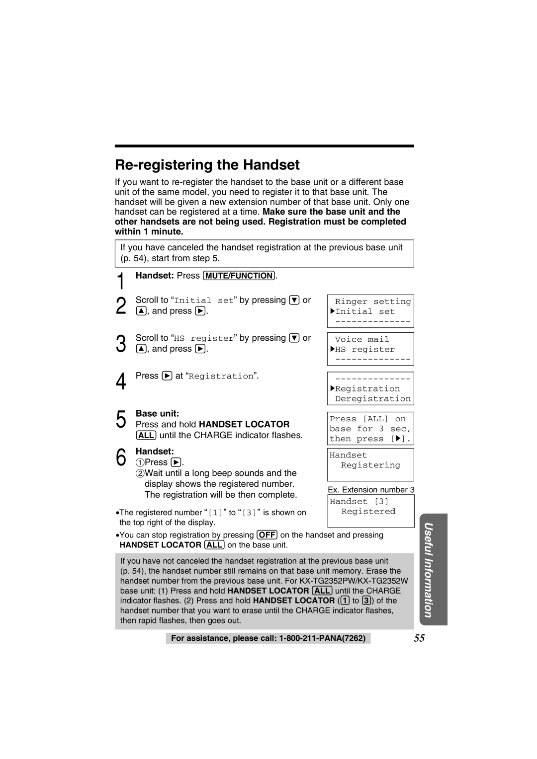 Panasonic KX-TG2352PW Re-registering the Handset, Press á at Registration, Press and hold Handset Locator, #Press á 