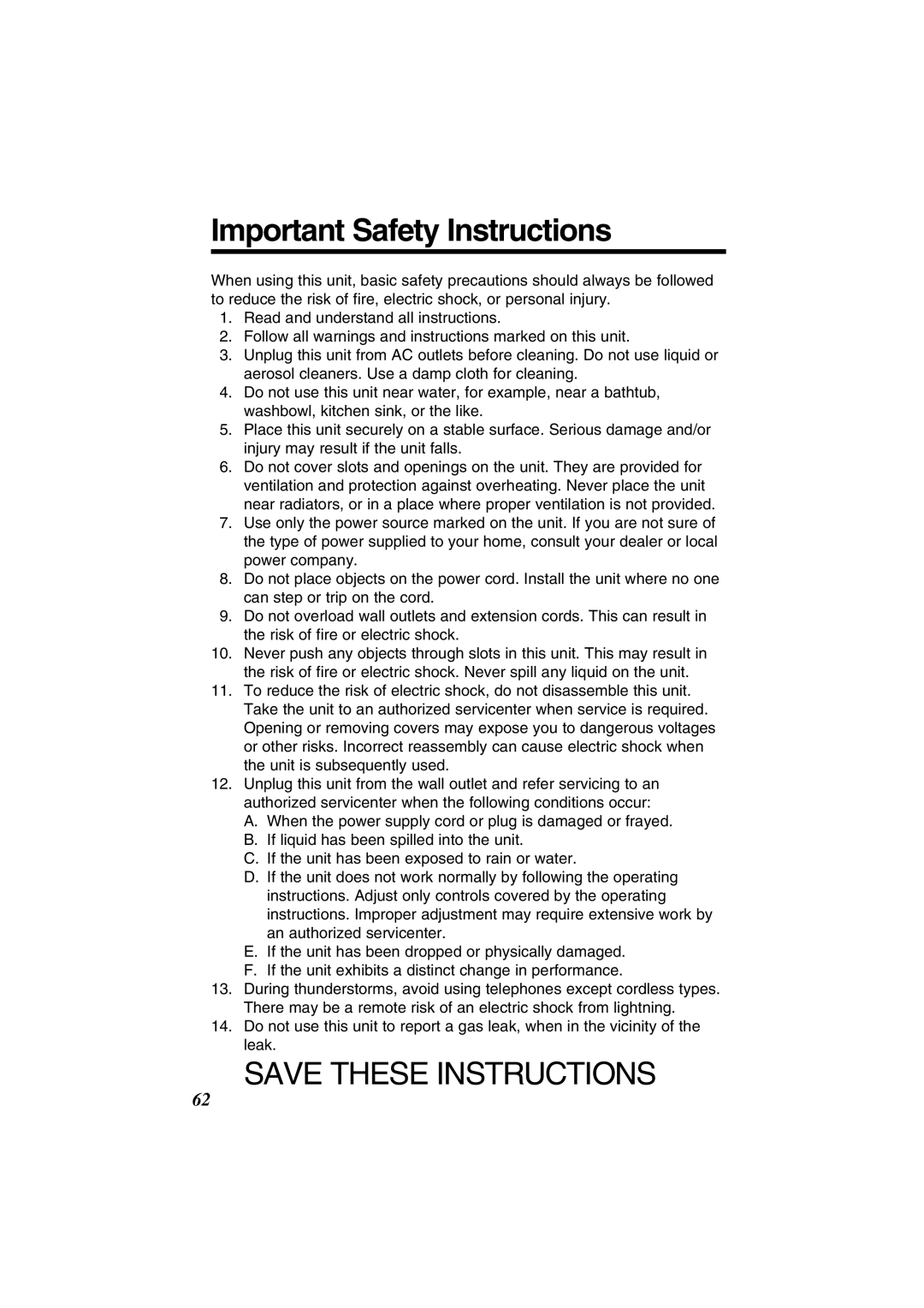 Panasonic KX-TG2352W, KX-TG2352PW operating instructions Important Safety Instructions 