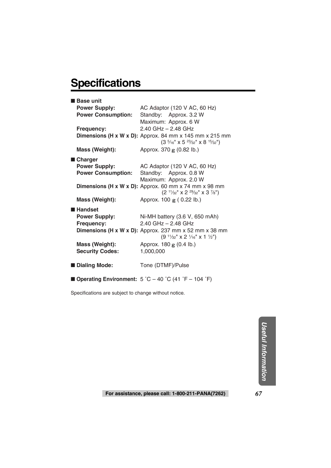 Panasonic KX-TG2352PW, KX-TG2352W operating instructions Specifications, Base unit 