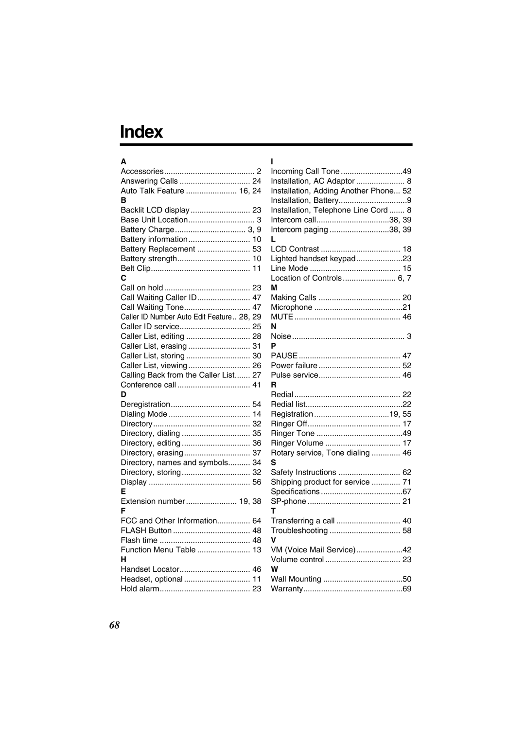 Panasonic KX-TG2352W, KX-TG2352PW operating instructions Index, Auto Talk Feature 