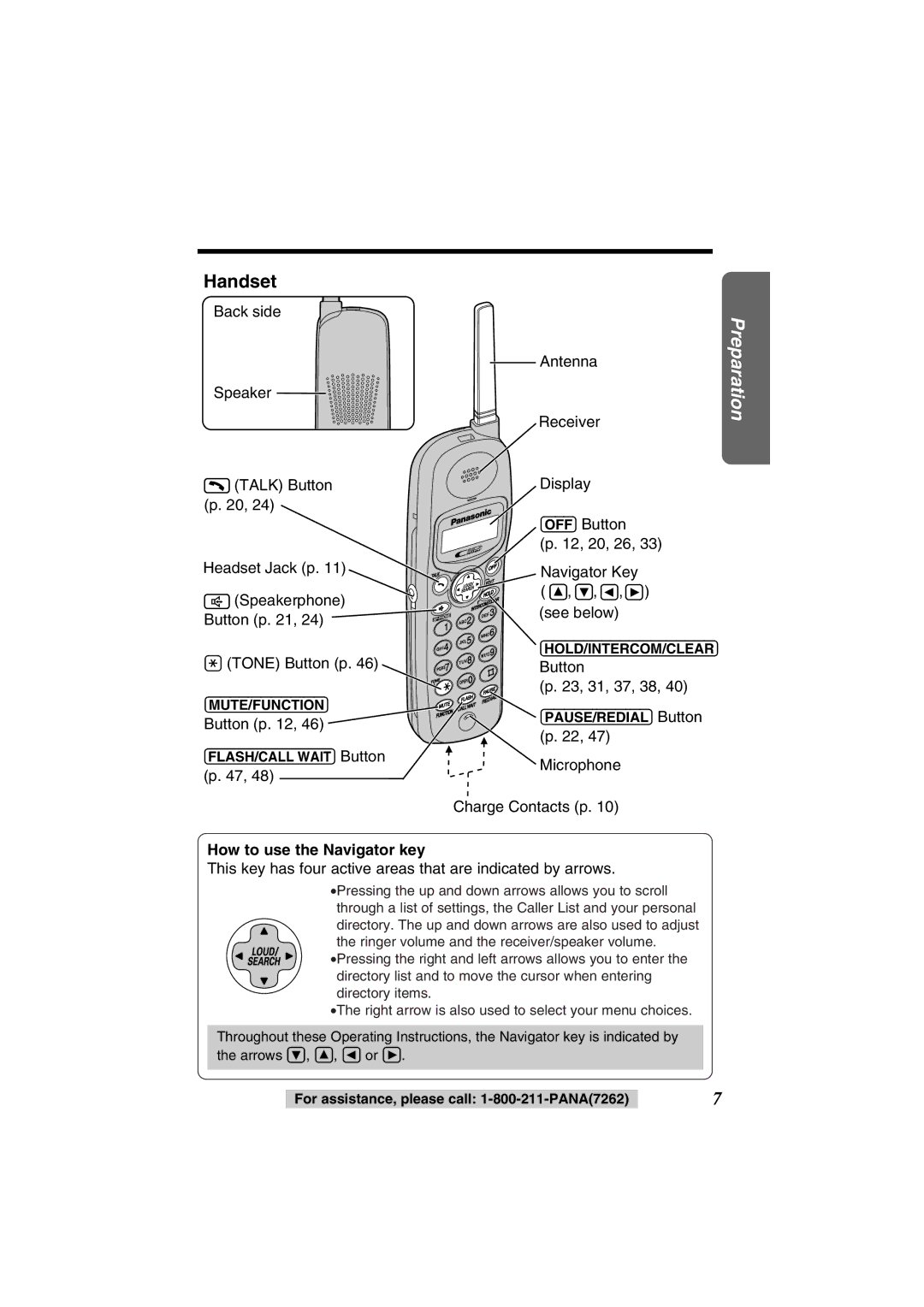 Panasonic KX-TG2352PW, KX-TG2352W operating instructions Handset, How to use the Navigator key 