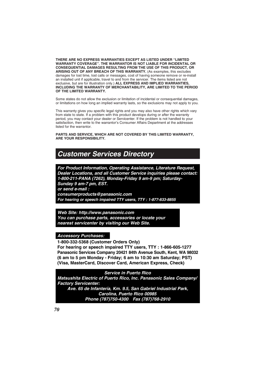 Panasonic KX-TG2352W, KX-TG2352PW operating instructions Customer Services Directory 