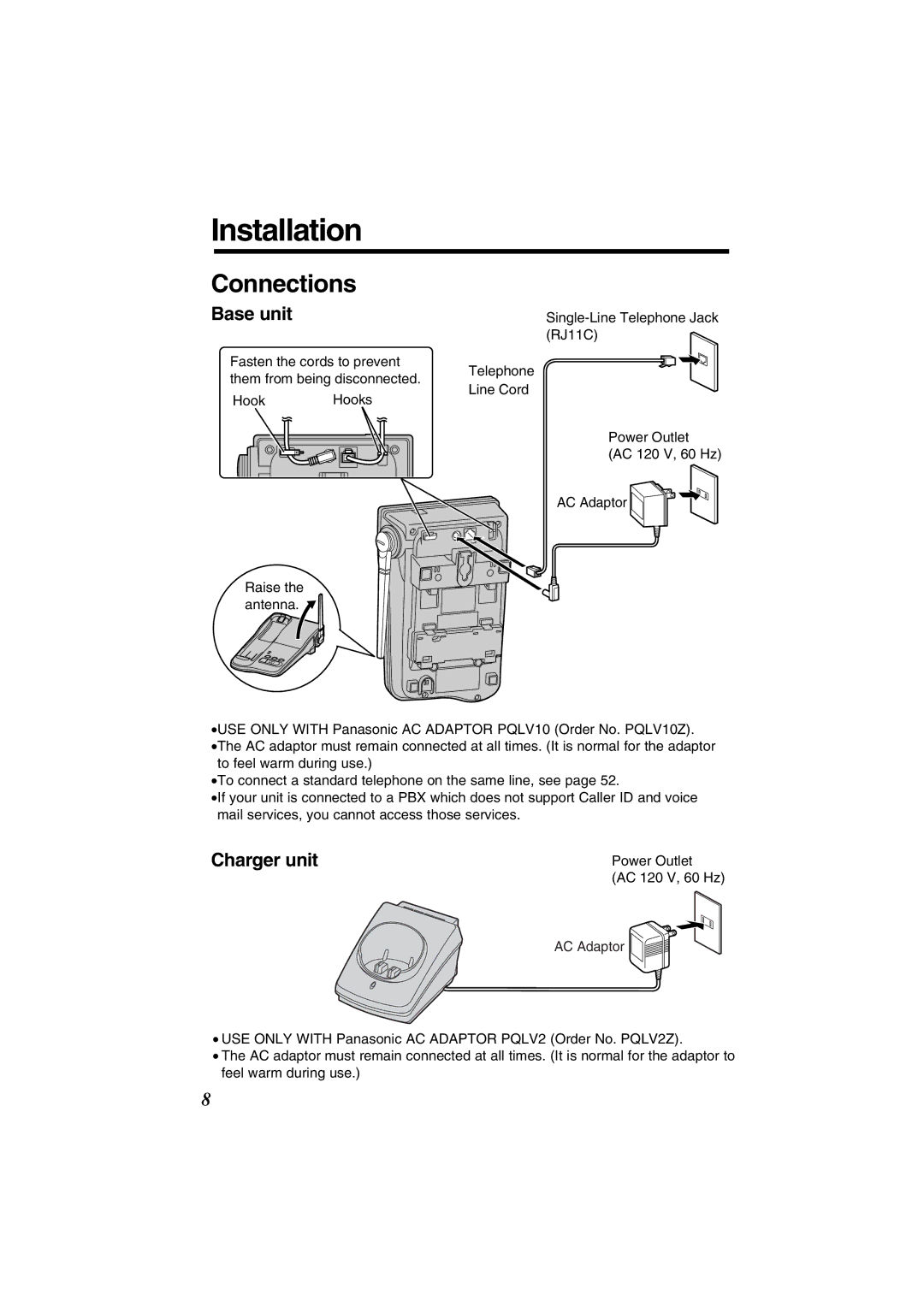 Panasonic KX-TG2352W, KX-TG2352PW operating instructions Installation, Connections, Base unit, Charger unit 