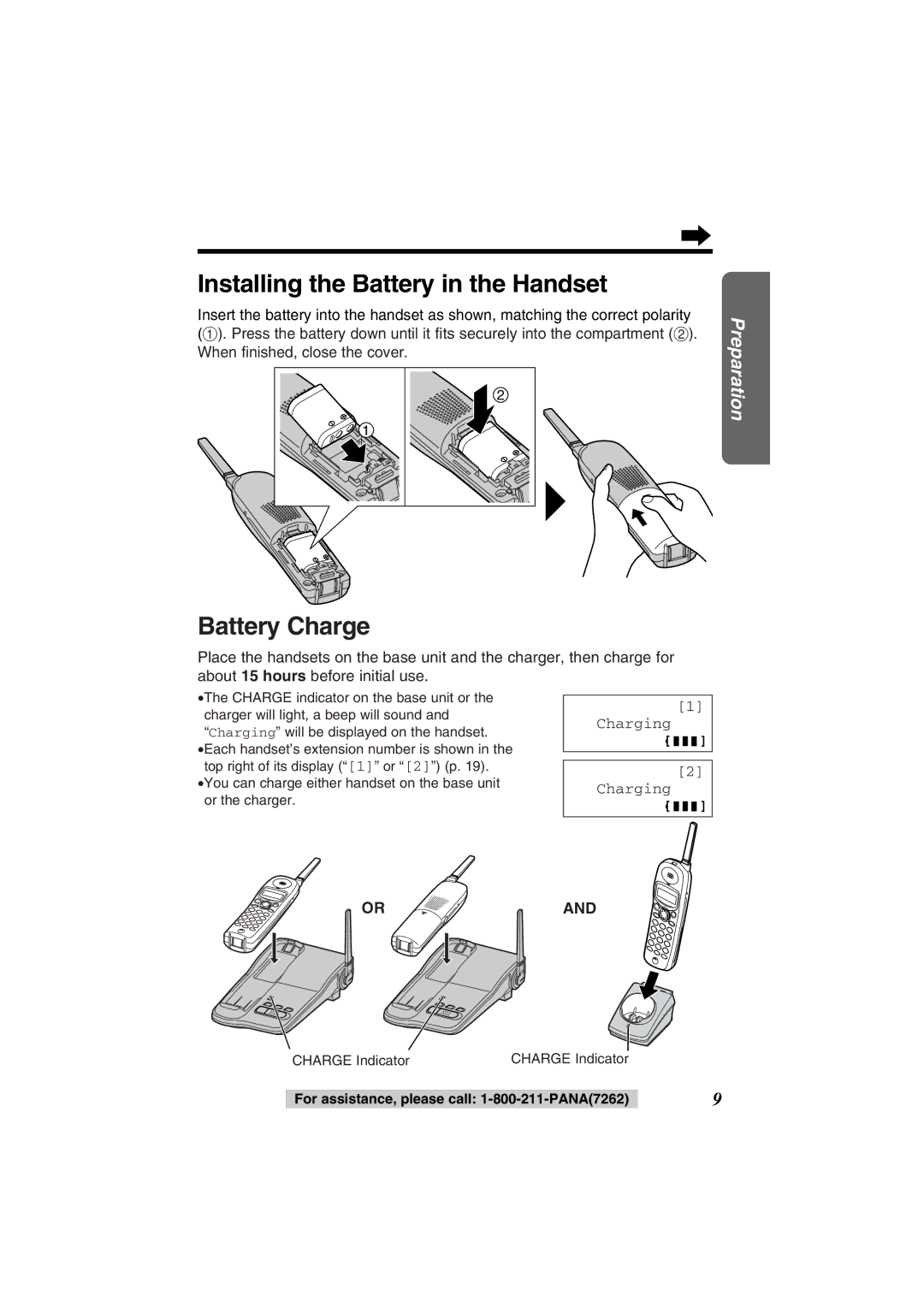 Panasonic KX-TG2352PW, KX-TG2352W operating instructions Installing the Battery in the Handset, Battery Charge 