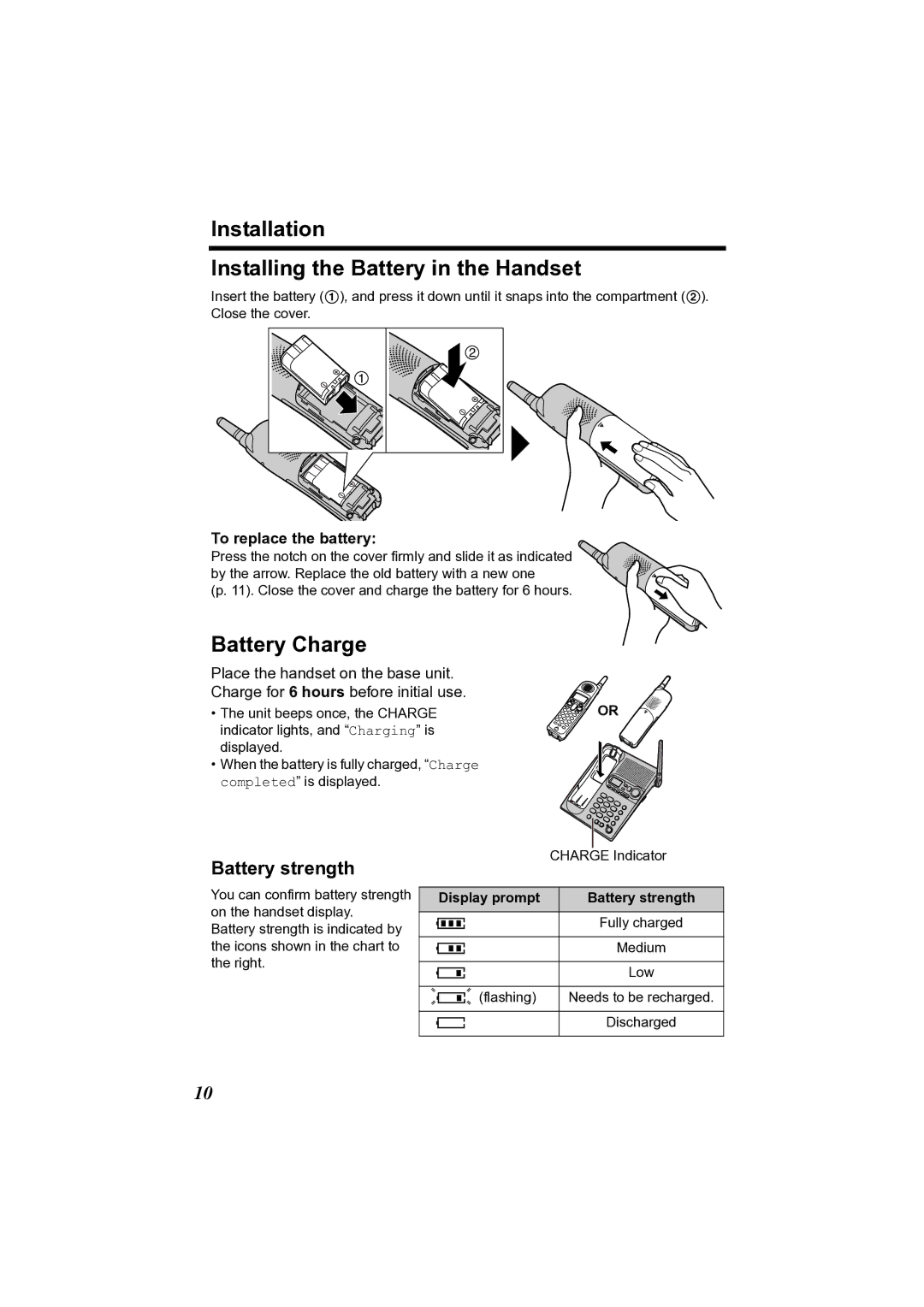 Panasonic KX-TG2356 Installation Installing the Battery in the Handset, Battery strength, To replace the battery 