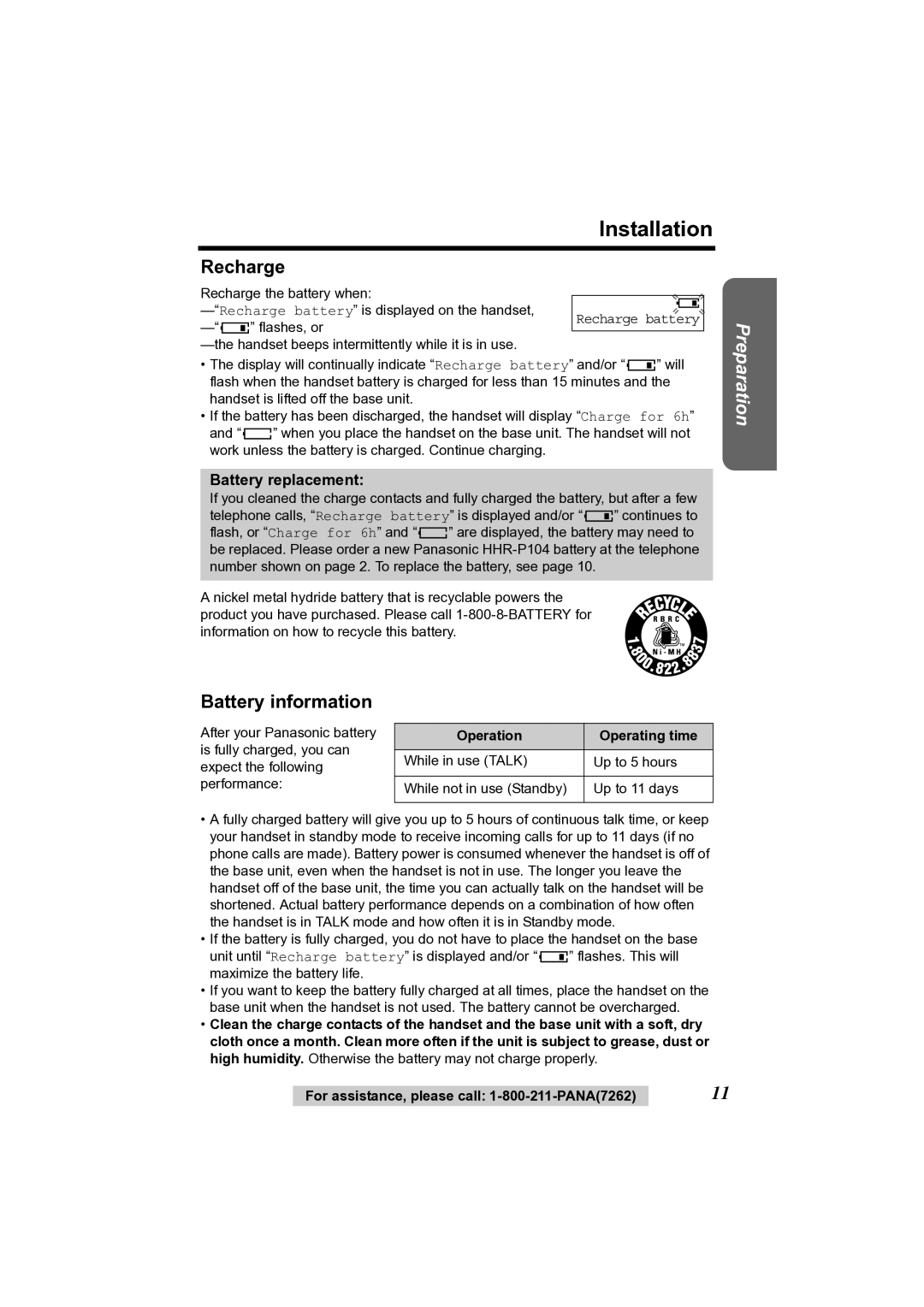 Panasonic KX-TG2356 Installation, Recharge, Battery information, Battery replacement, Operation Operating time 