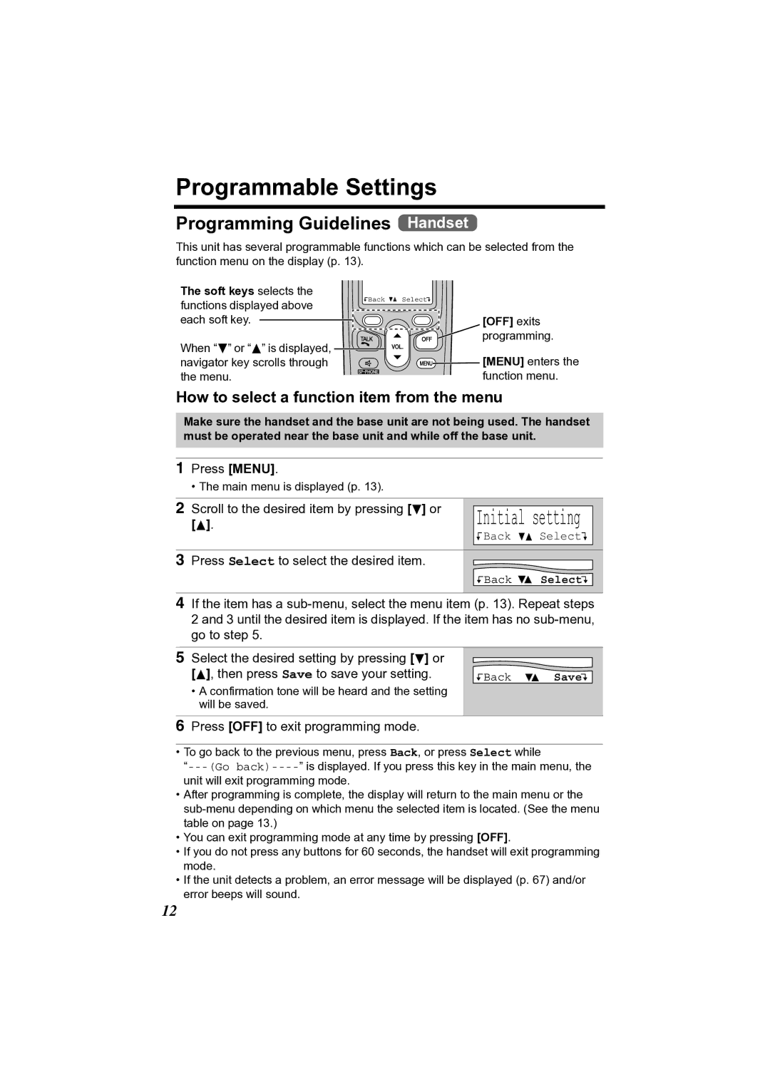 Panasonic KX-TG2356 Programmable Settings, Programming Guidelines Handset, How to select a function item from the menu 