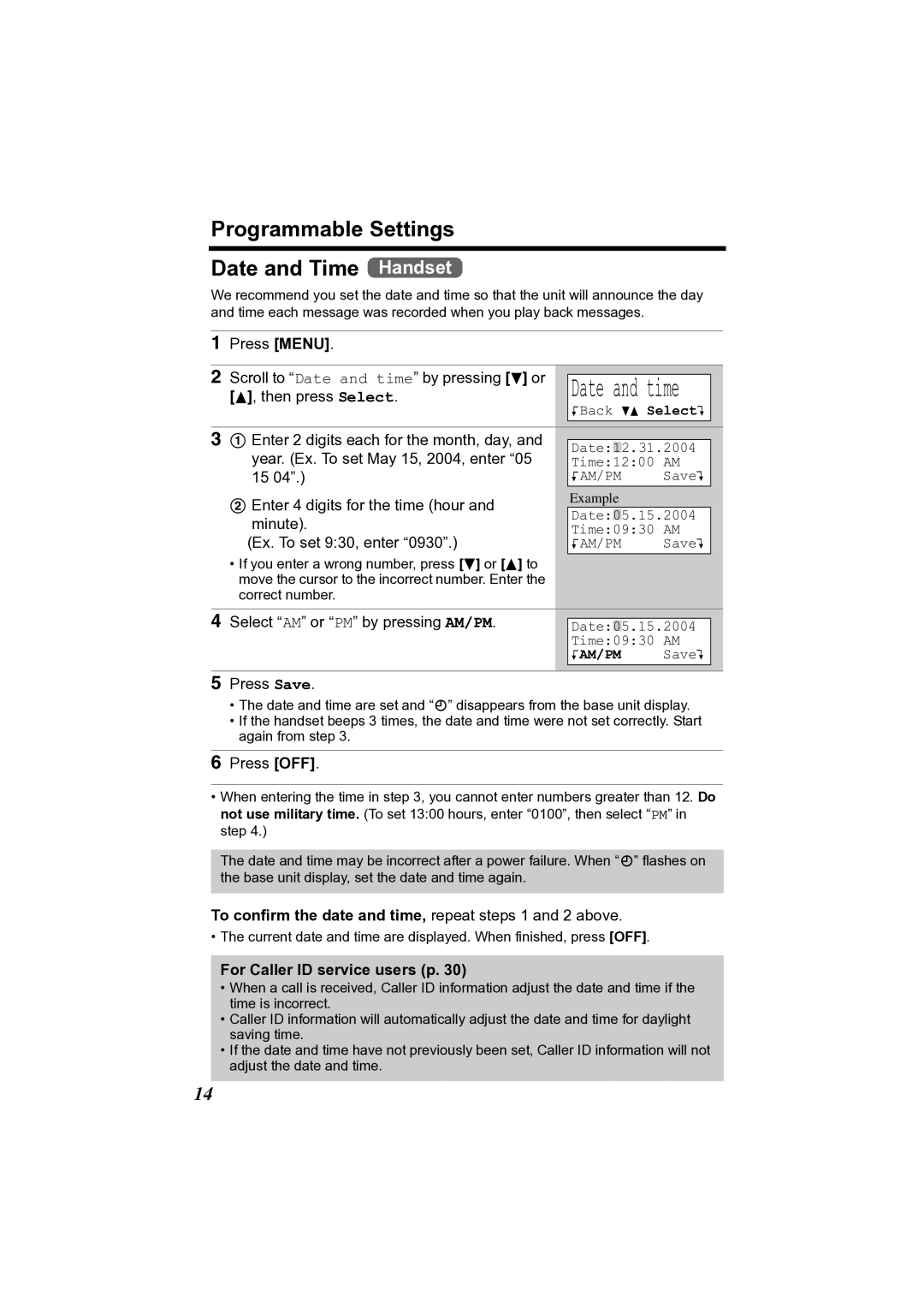 Panasonic KX-TG2356 Programmable Settings Date and Time Handset, To confirm the date and time, repeat steps 1 and 2 above 