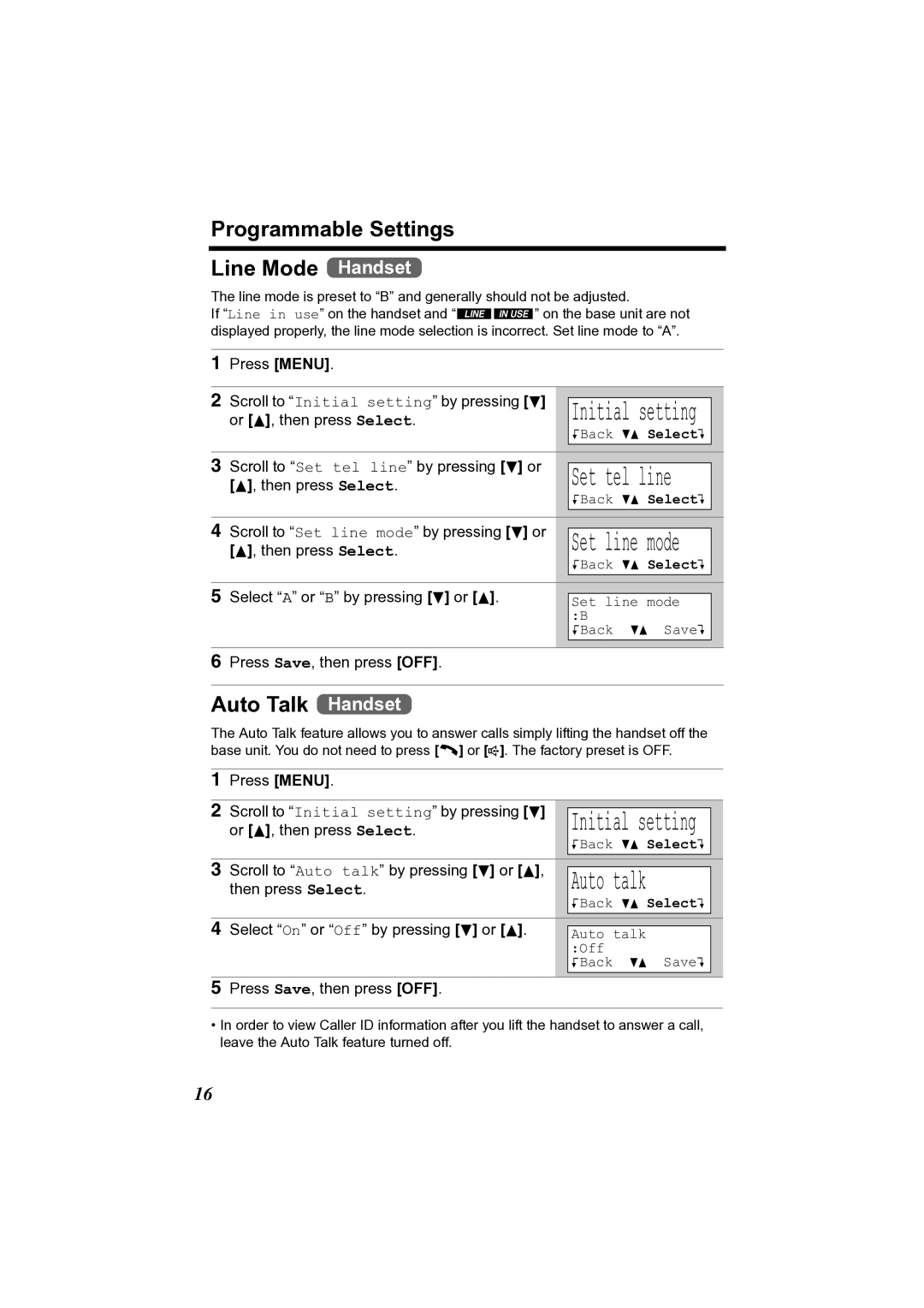 Panasonic KX-TG2356 operating instructions Programmable Settings Line Mode Handset, Auto Talk Handset 