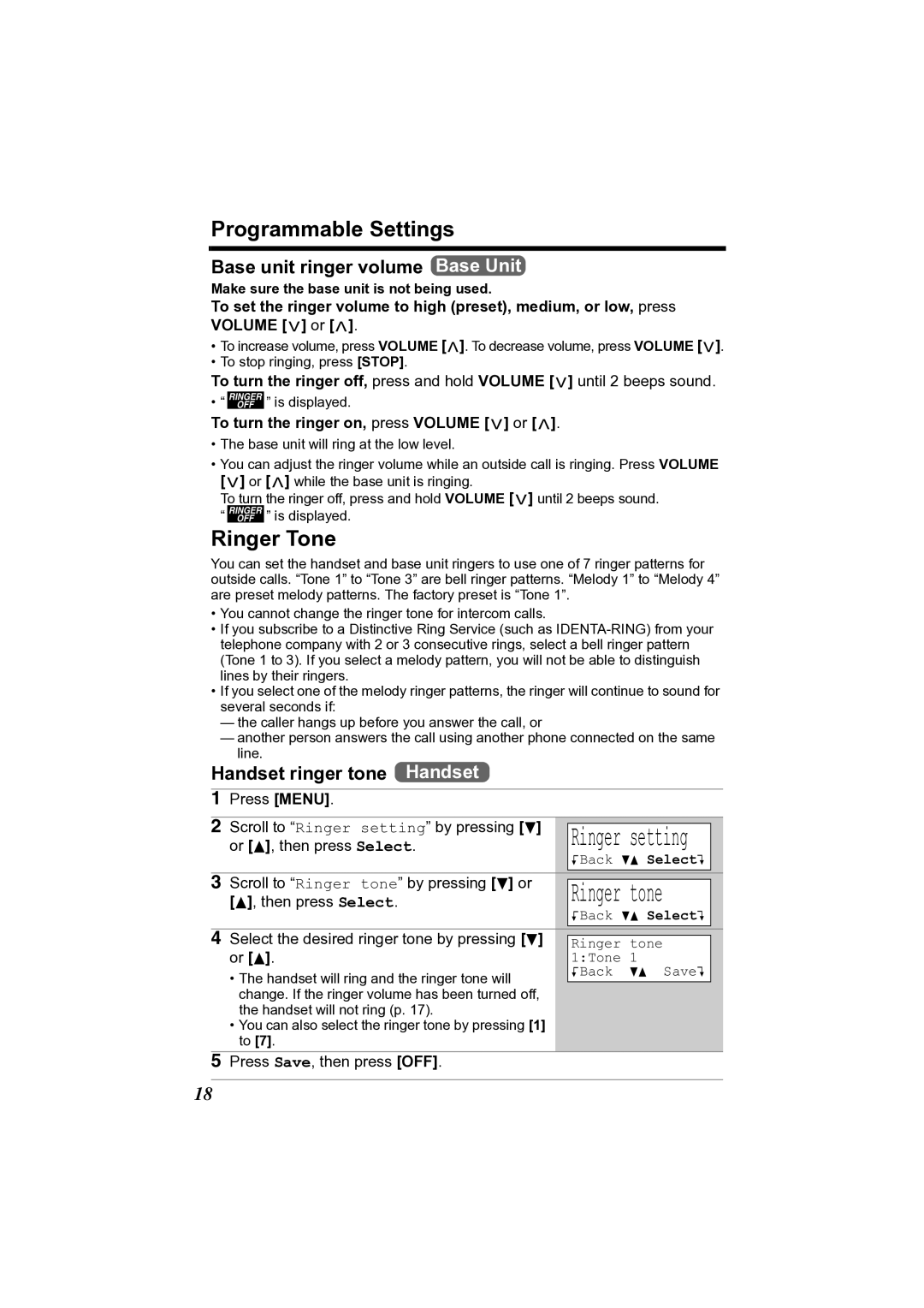 Panasonic KX-TG2356 Programmable Settings, Ringer Tone, Base unit ringer volume Base Unit, Handset ringer tone Handset 