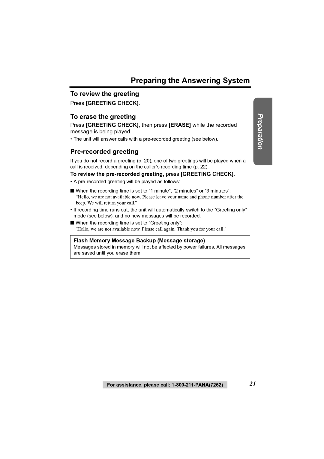 Panasonic KX-TG2356 Preparing the Answering System, To review the greeting, To erase the greeting, Pre-recorded greeting 