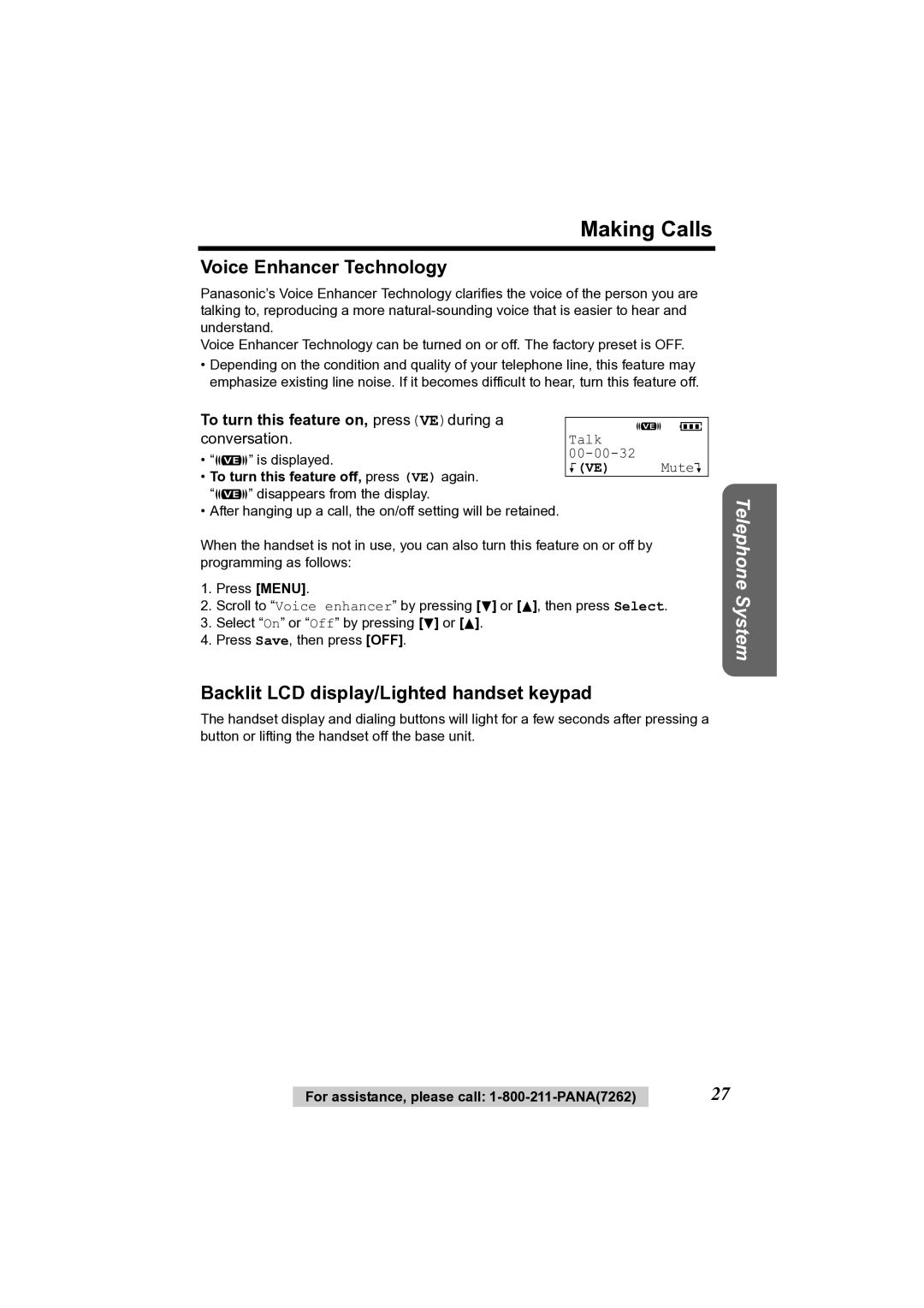 Panasonic KX-TG2356 Voice Enhancer Technology, Backlit LCD display/Lighted handset keypad, Conversation 