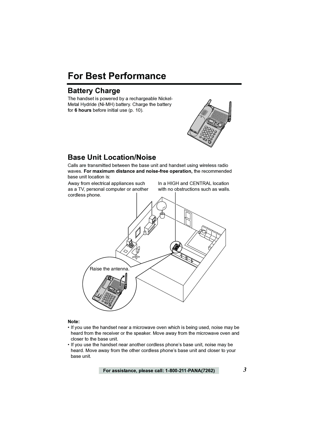 Panasonic KX-TG2356 operating instructions For Best Performance, Battery Charge, Base Unit Location/Noise 