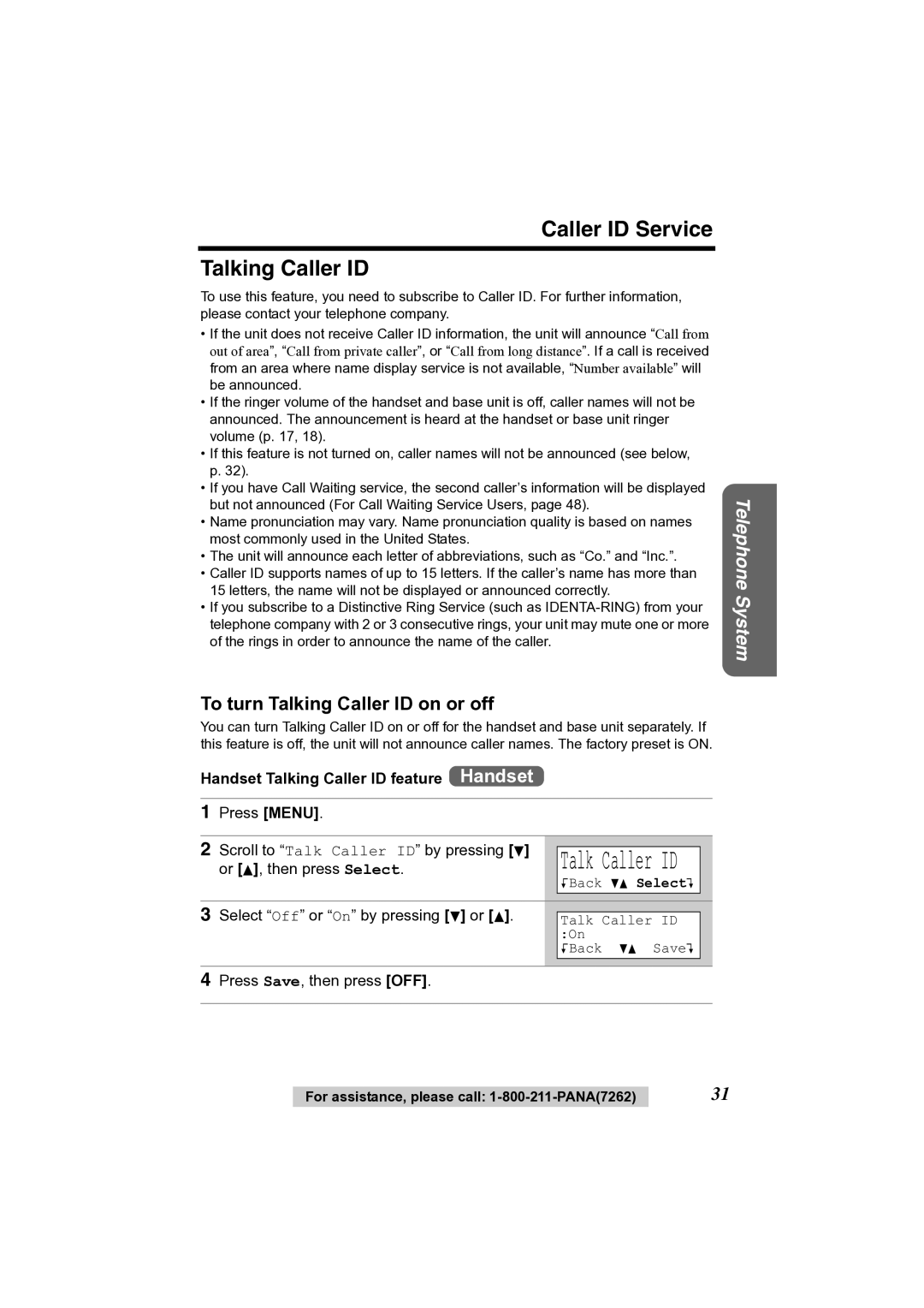 Panasonic KX-TG2356 operating instructions Caller ID Service Talking Caller ID, To turn Talking Caller ID on or off 