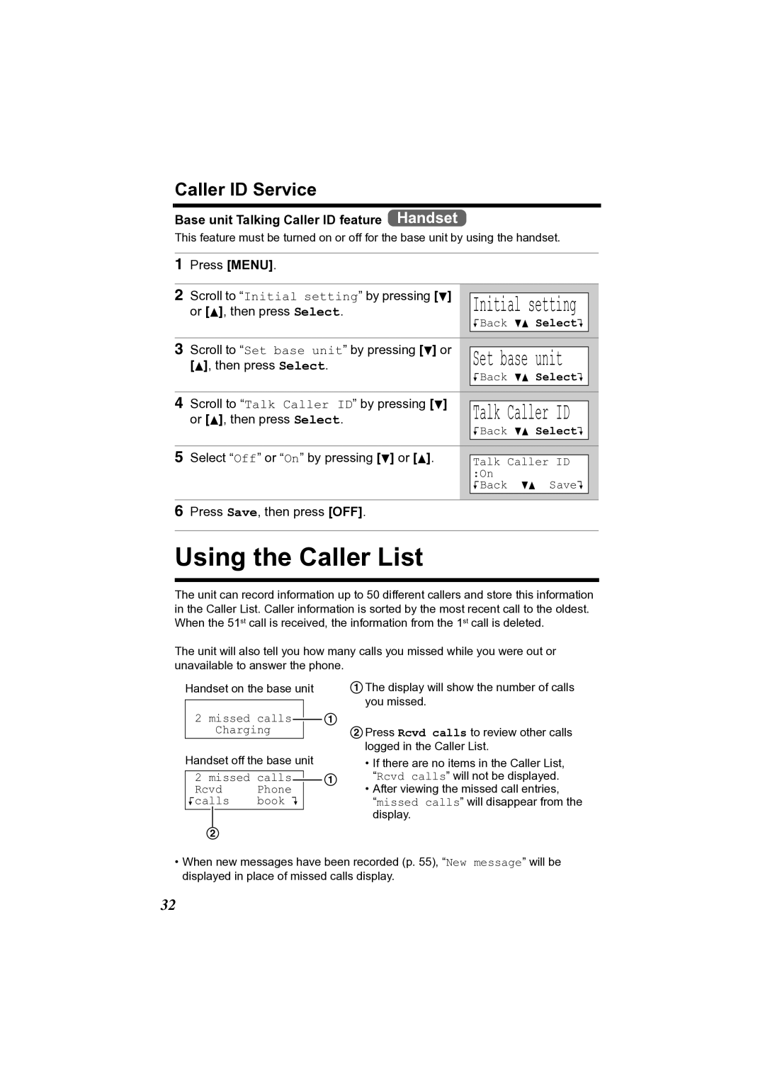 Panasonic KX-TG2356 operating instructions Caller ID Service, Base unit Talking Caller ID feature Handset 