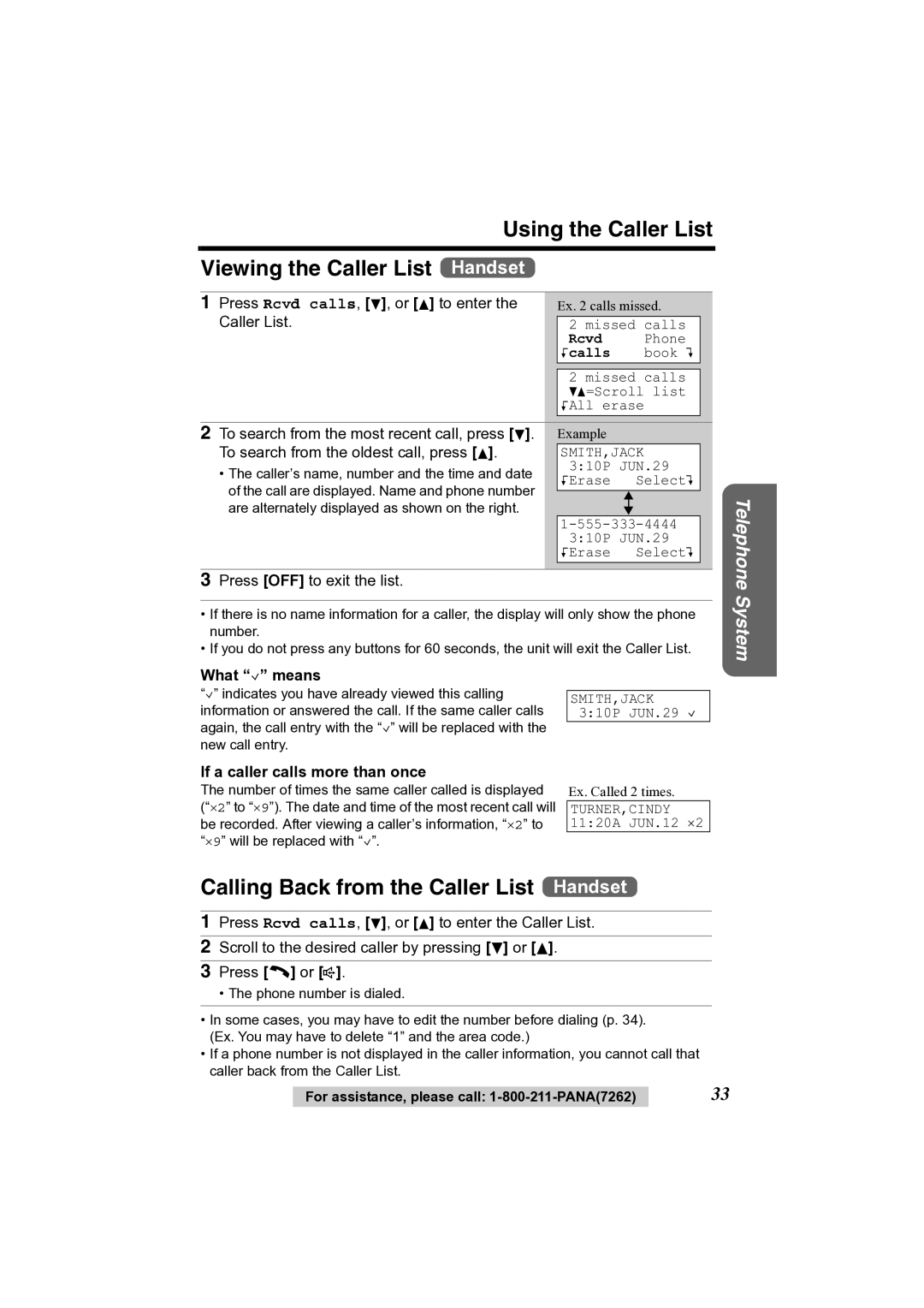 Panasonic KX-TG2356 Using the Caller List Viewing the Caller List Handset, Calling Back from the Caller List Handset 