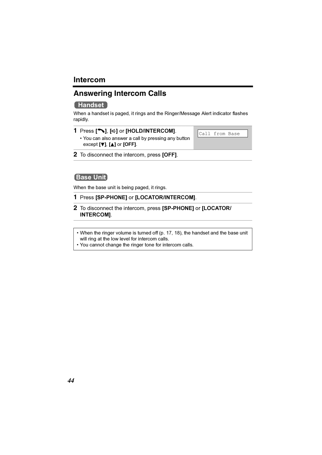 Panasonic KX-TG2356 Intercom Answering Intercom Calls, Press C, s or HOLD/INTERCOM, Press SP-PHONE or LOCATOR/INTERCOM 