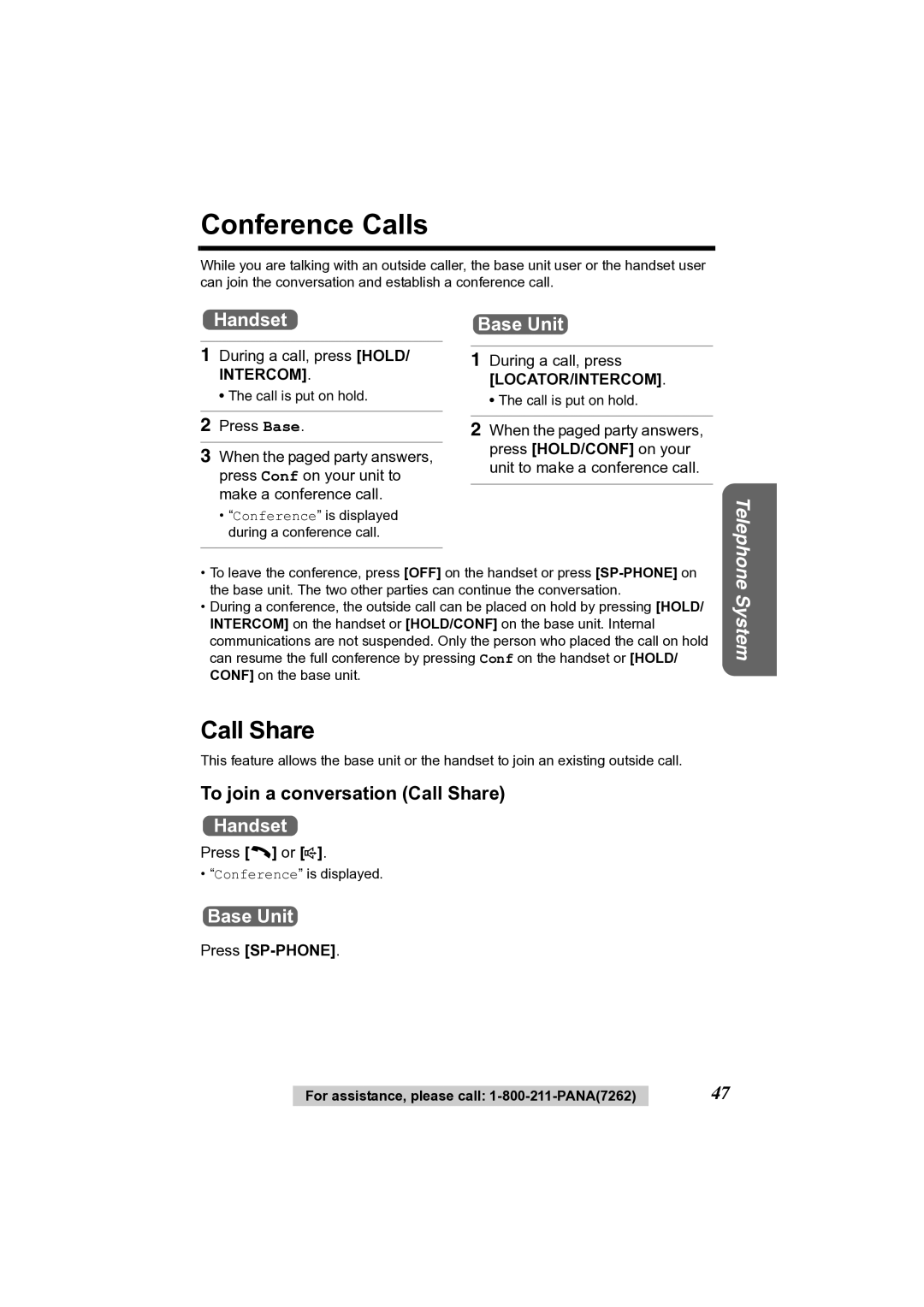 Panasonic KX-TG2356 Conference Calls, To join a conversation Call Share, During a call, press HOLD/ Intercom 