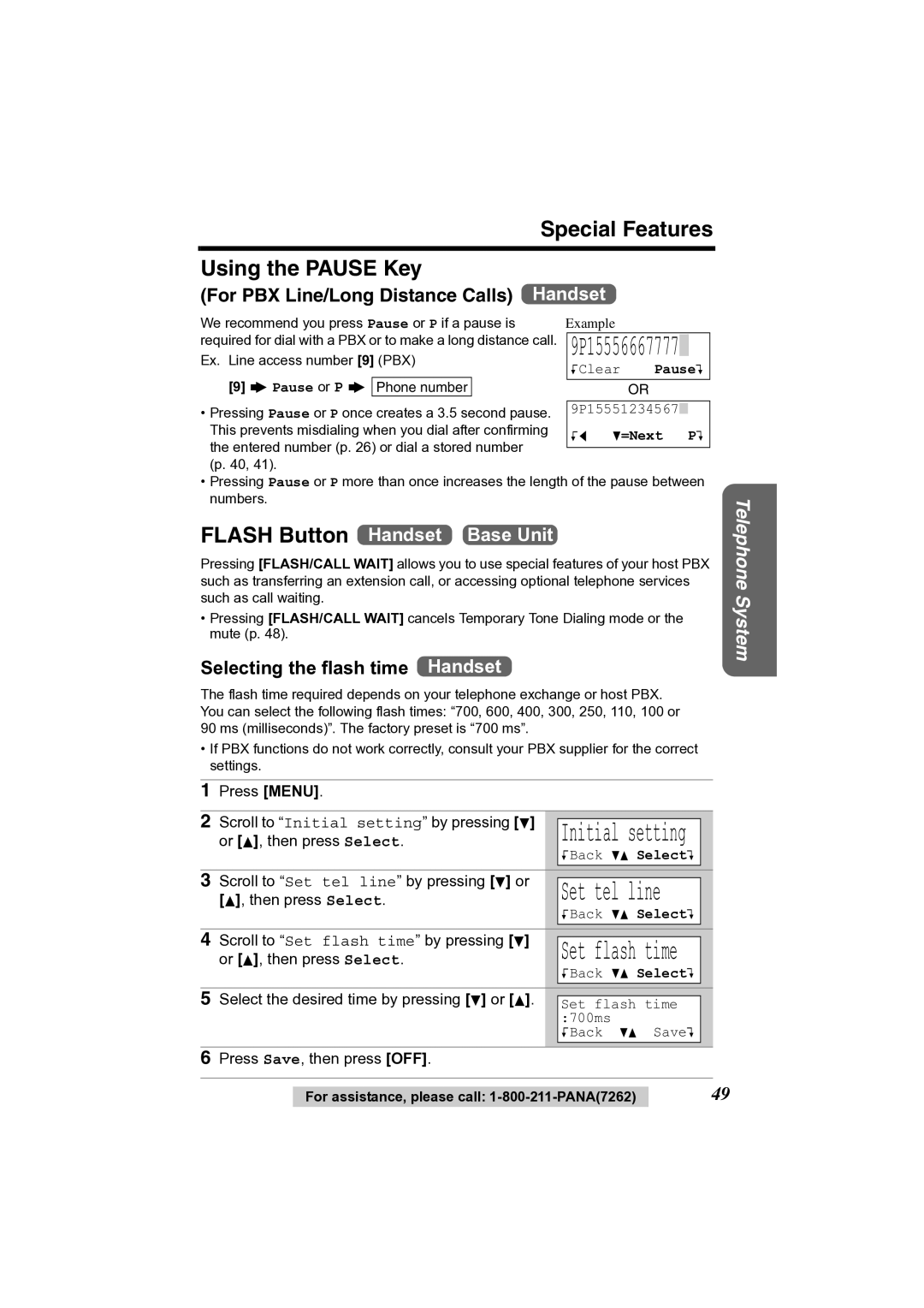 Panasonic KX-TG2356 Using the Pause Key, Selecting the flash time Handset, Scroll to Set flash time by pressing d 