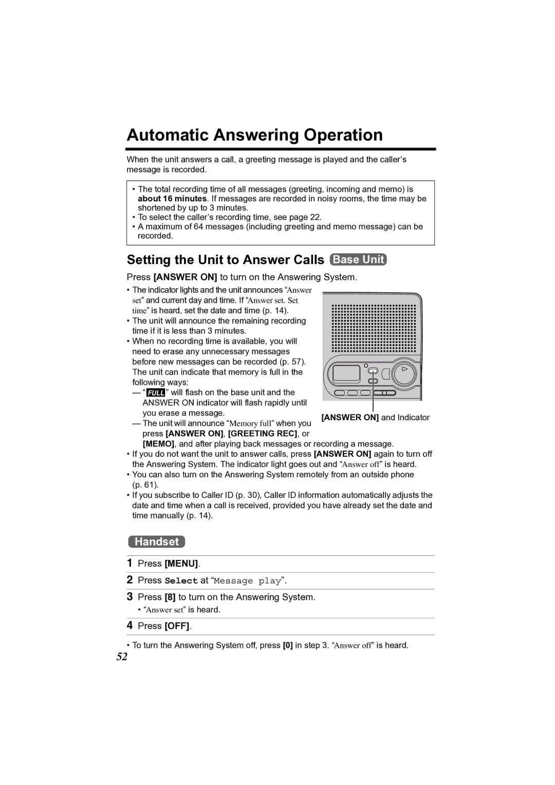 Panasonic KX-TG2356 operating instructions Automatic Answering Operation, Setting the Unit to Answer Calls Base Unit 