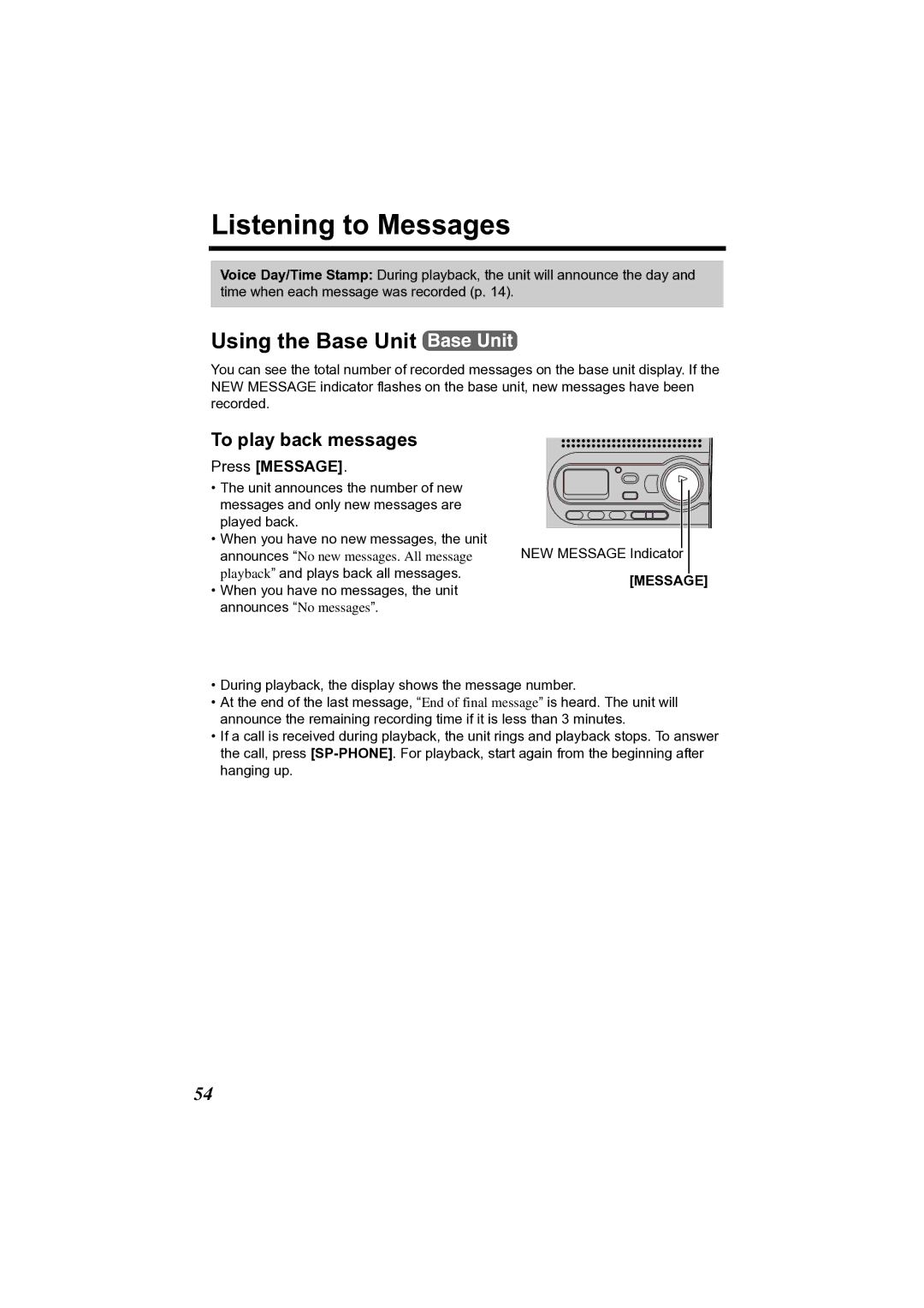 Panasonic KX-TG2356 operating instructions Listening to Messages, To play back messages, Press Message 