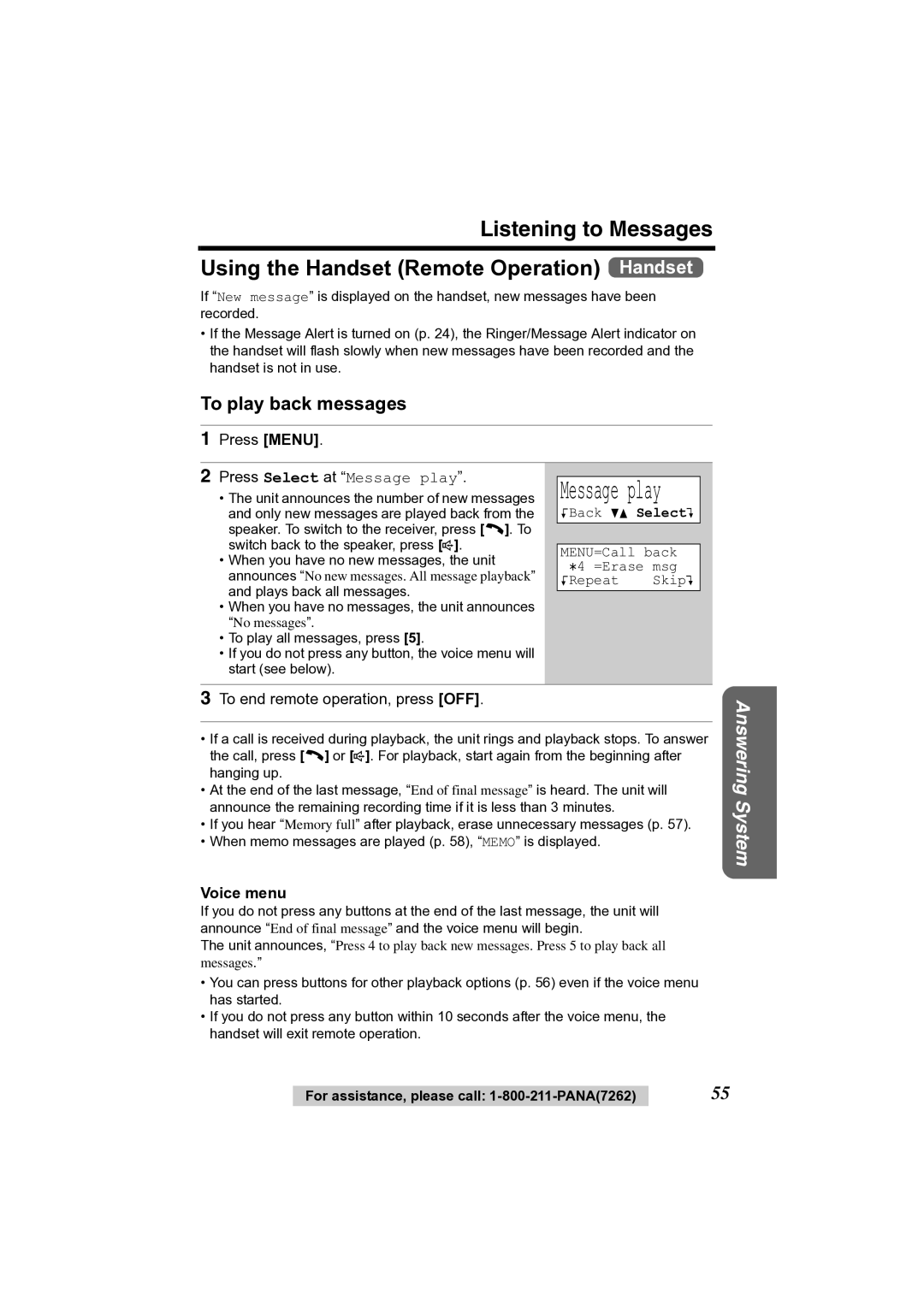 Panasonic KX-TG2356 Press Menu Press Select at Message play, To end remote operation, press OFF, Voice menu 