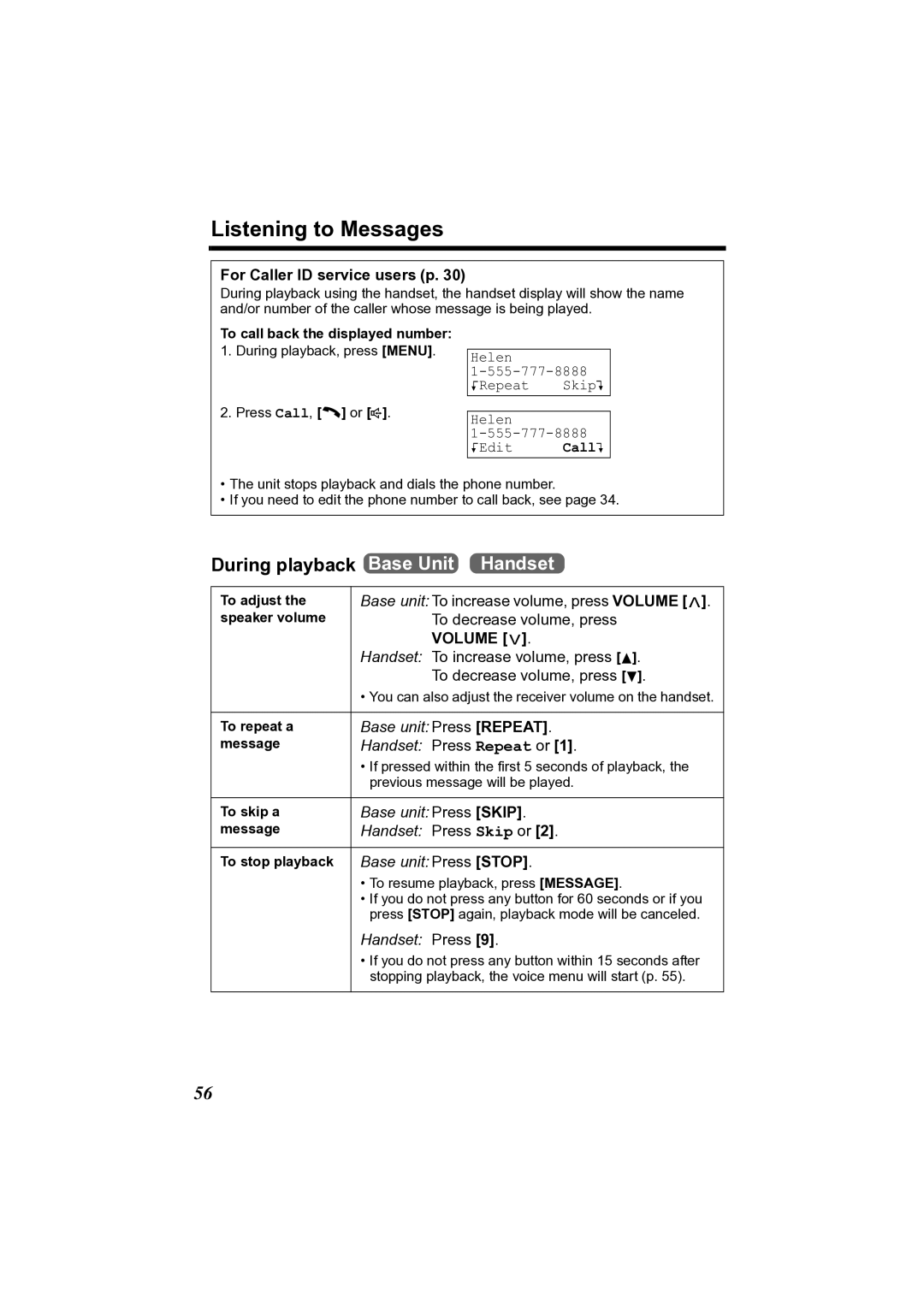 Panasonic KX-TG2356 operating instructions Listening to Messages, Helen KRepeat SkipL, Helen KEdit CallL 