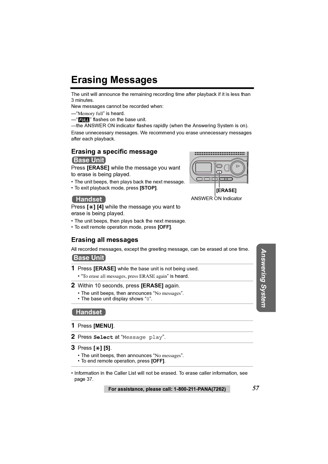 Panasonic KX-TG2356 operating instructions Erasing Messages, Erasing a specific message, Erasing all messages 