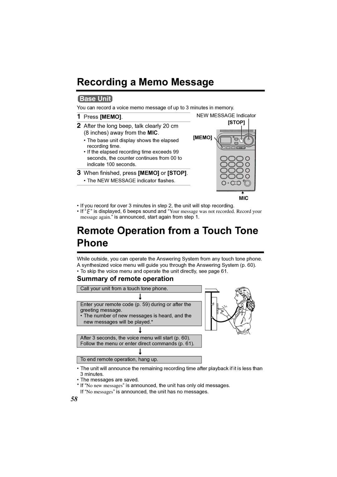 Panasonic KX-TG2356 Recording a Memo Message, Remote Operation from a Touch Tone Phone, Summary of remote operation 