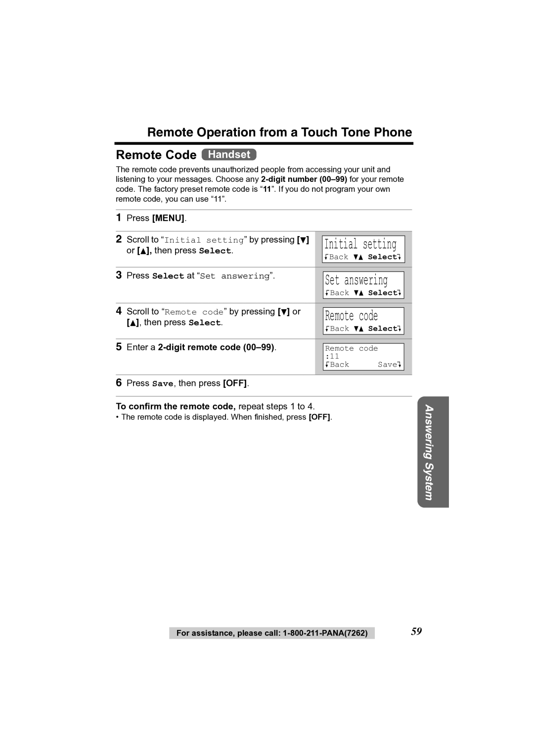 Panasonic KX-TG2356 Scroll to Remote code by pressing d or, Enter a 2-digit remote code, Remote code Save L KBack 