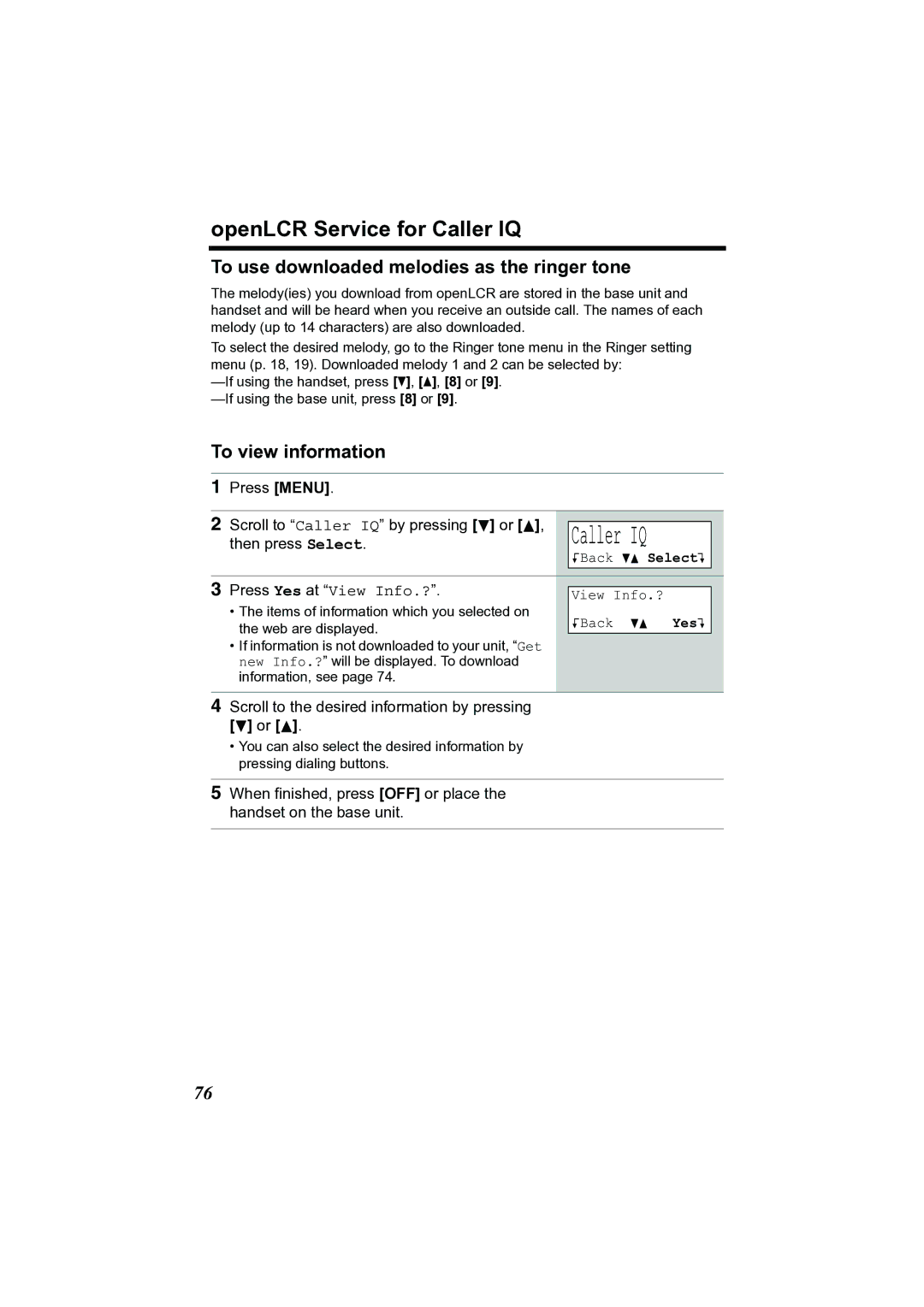 Panasonic KX-TG2356 OpenLCR Service for Caller IQ, To use downloaded melodies as the ringer tone, To view information 