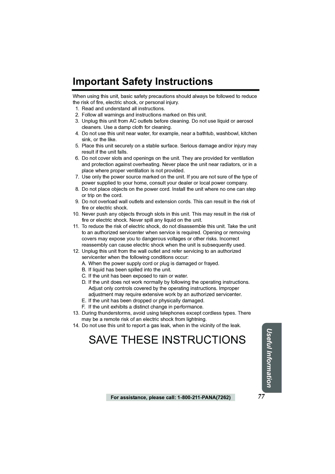 Panasonic KX-TG2356 operating instructions Important Safety Instructions, For assistance, please call 1-800-211-PANA7262 