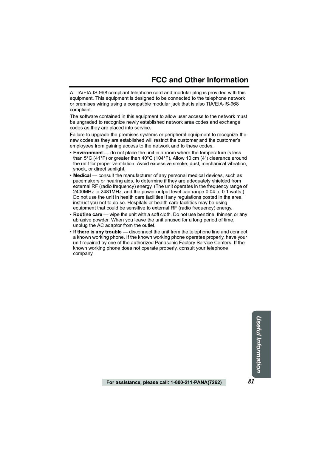 Panasonic KX-TG2356 operating instructions FCC and Other Information 