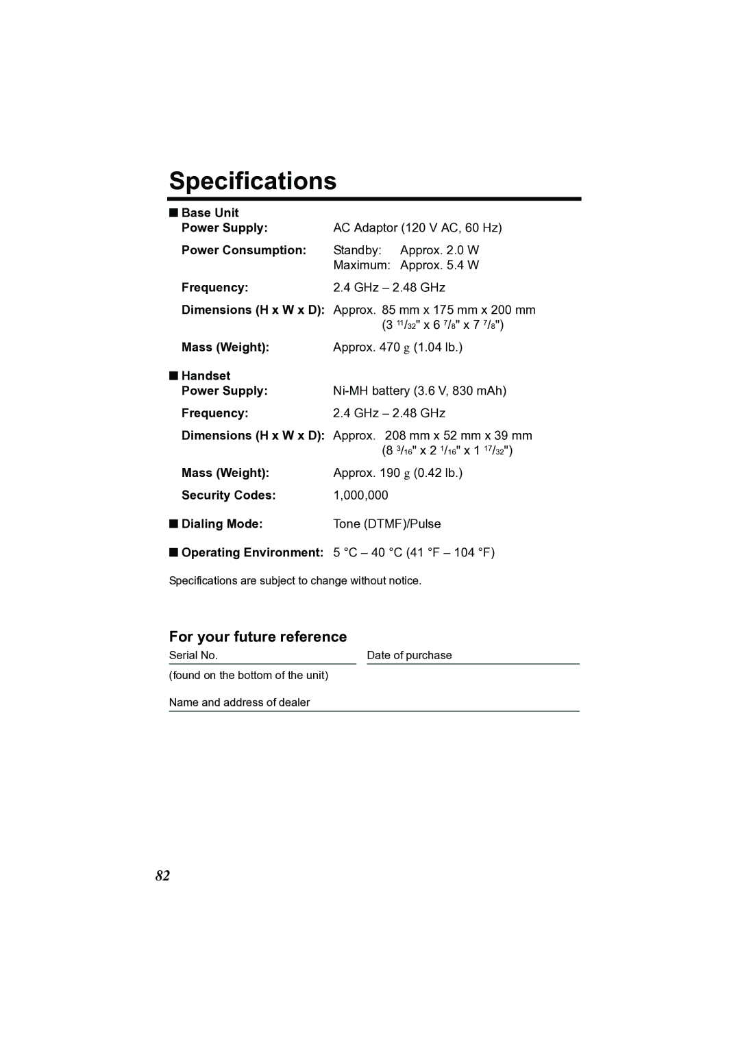 Panasonic KX-TG2356 operating instructions For your future reference 