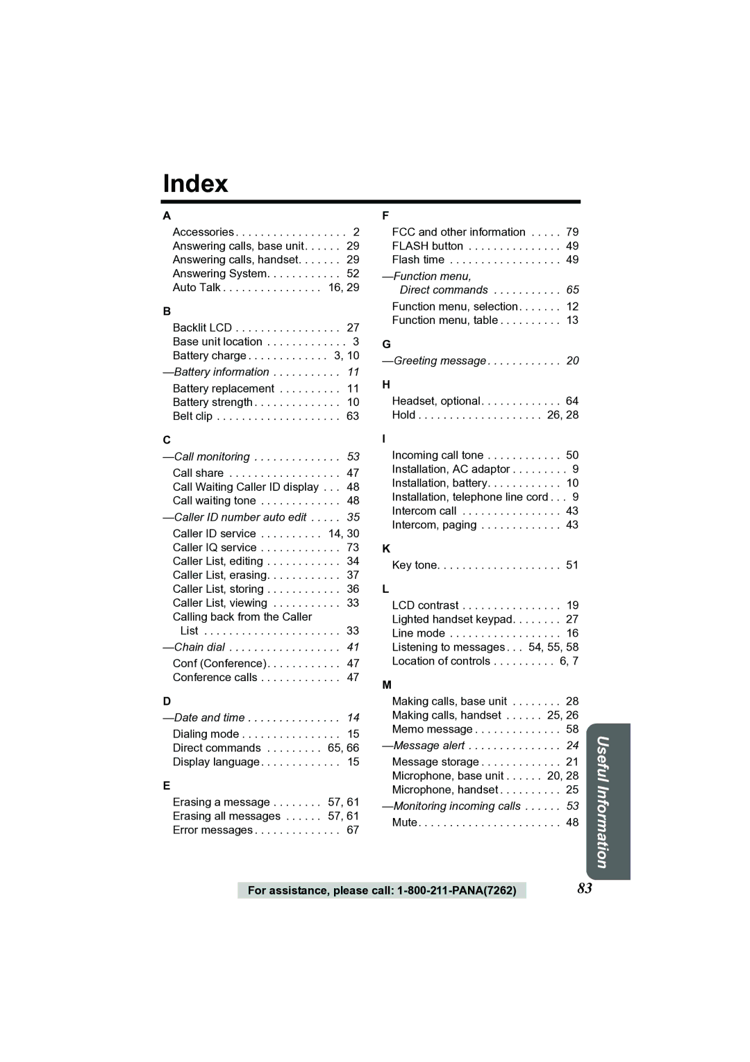 Panasonic KX-TG2356 operating instructions Index 