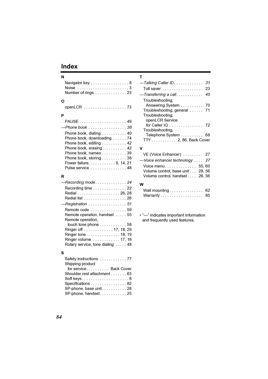 Panasonic KX-TG2356 operating instructions Index, Phone book 